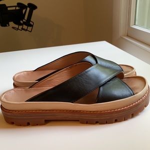 Black Leather Lug-sole Slides
